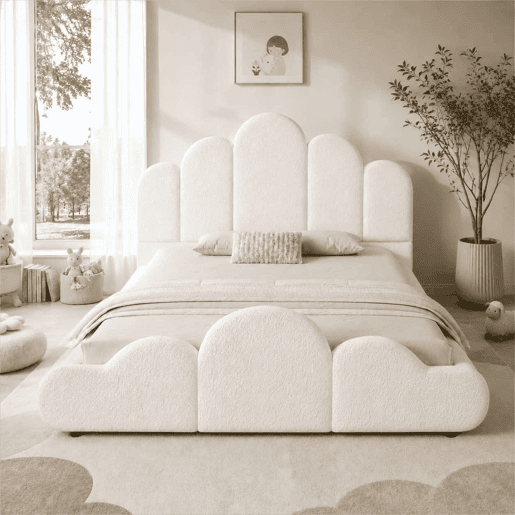 Cama infantil 140 x 200 cm u2014 estofada, com cabeceira almofadada e cantos arredondados u2014 bege