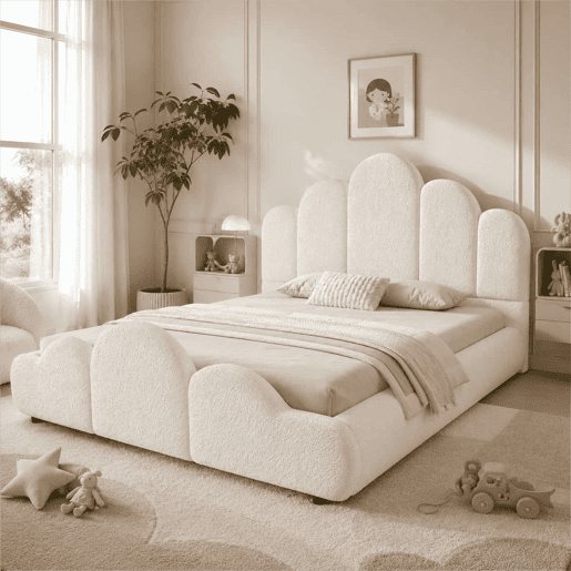 Cama infantil 140 x 200 cm u2014 estofada, com cabeceira almofadada e cantos arredondados u2014 bege
