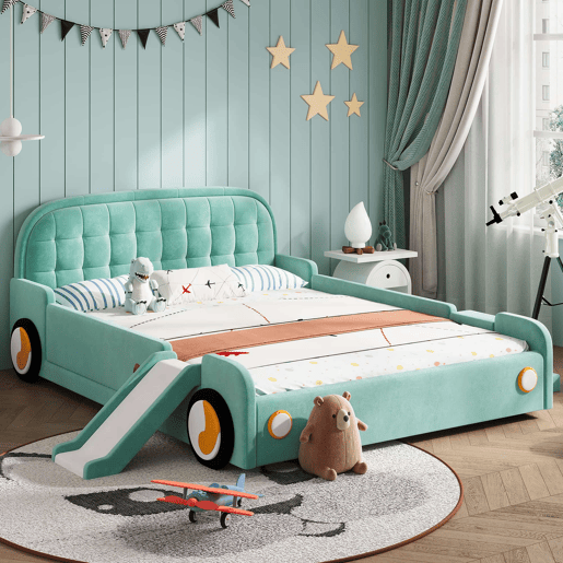 Cama infantil em forma de carro 140x200 cm u2014 com escorrega, escada, grade de segurança e design lúdico u2014 azul esverdeado Cama infantil em forma de carro 140x200 cm u2014 com escorrega, escada, grade de segurança e design lúdico u2014 azul esverdeado