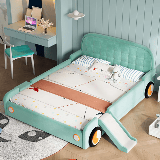 Cama infantil em forma de carro 140x200 cm u2014 com escorrega, escada, grade de segurança e design lúdico u2014 azul esverdeado Cama infantil em forma de carro 140x200 cm u2014 com escorrega, escada, grade de segurança e design lúdico u2014 azul esverdeado