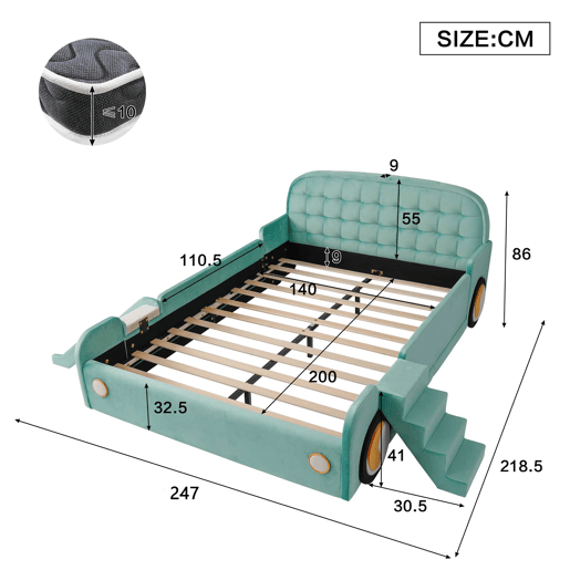 Cama infantil em forma de carro 140x200 cm u2014 com escorrega, escada, grade de segurança e design lúdico u2014 azul esverdeado Cama infantil em forma de carro 140x200 cm u2014 com escorrega, escada, grade de segurança e design lúdico u2014 azul esverdeado