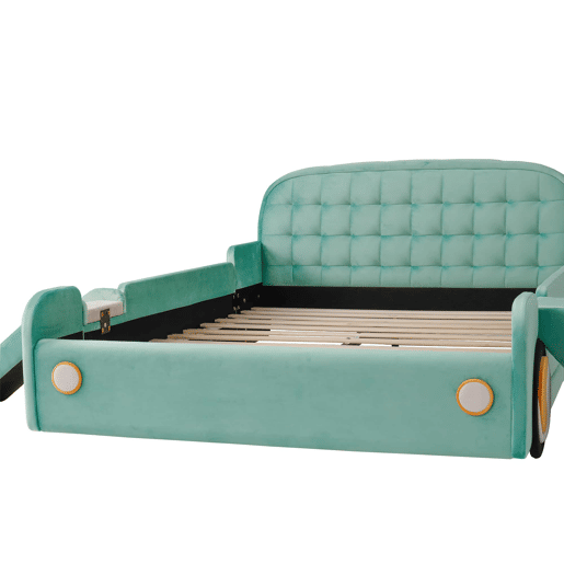 Cama infantil em forma de carro 140x200 cm u2014 com escorrega, escada, grade de segurança e design lúdico u2014 azul esverdeado Cama infantil em forma de carro 140x200 cm u2014 com escorrega, escada, grade de segurança e design lúdico u2014 azul esverdeado
