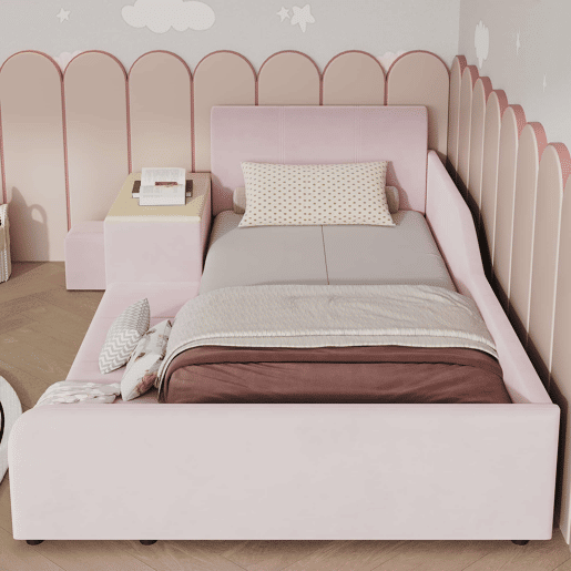 Cama infantil 90 x 200 cm u2014 com secretária e banco, cabeceira estofada com tecido macio, prateleira de arrumação e base de madeira u2014 Rosa Cama infantil 90 x 200 cm u2014 com secretária e banco, cabeceira estofada com tecido macio, prateleira de arrumação e base de madeira u2014 Rosa