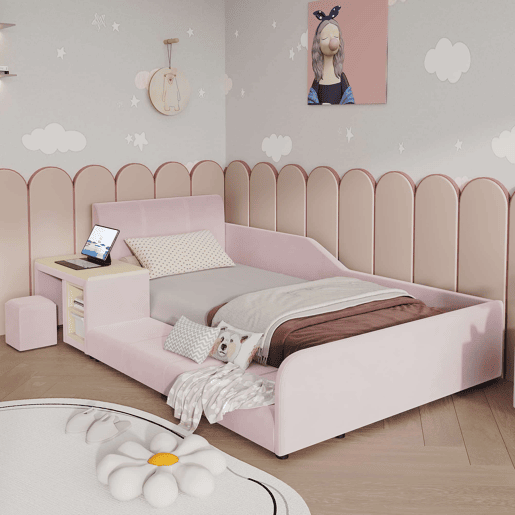Cama infantil 90 x 200 cm u2014 com secretária e banco, cabeceira estofada com tecido macio, prateleira de arrumação e base de madeira u2014 Rosa Cama infantil 90 x 200 cm u2014 com secretária e banco, cabeceira estofada com tecido macio, prateleira de arrumação e base de madeira u2014 Rosa