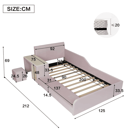 Cama infantil 90 x 200 cm u2014 com secretária e banco, cabeceira estofada com tecido macio, prateleira de arrumação e base de madeira u2014 Rosa Cama infantil 90 x 200 cm u2014 com secretária e banco, cabeceira estofada com tecido macio, prateleira de arrumação e base de madeira u2014 Rosa