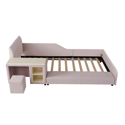 Cama infantil 90 x 200 cm u2014 com secretária e banco, cabeceira estofada com tecido macio, prateleira de arrumação e base de madeira u2014 Rosa Cama infantil 90 x 200 cm u2014 com secretária e banco, cabeceira estofada com tecido macio, prateleira de arrumação e base de madeira u2014 Rosa