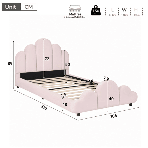 Cama individual 90x200 cm - estofada, com cabeceira acolchoada e cantos arredondados - rosa Cama individual 90x200 cm - estofada, com cabeceira acolchoada e cantos arredondados - rosa