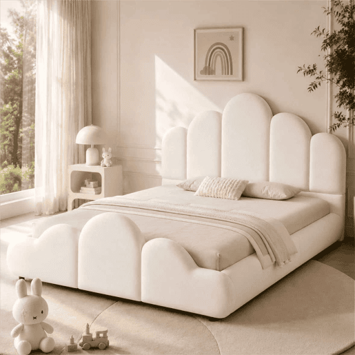 Cama infantil estofada 140x200 cm - cabeceira acolchoada, cantos arredondados, veludo - bege