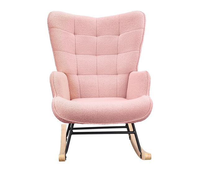 Sillón mecedora de tela teddy rosa, diseño moderno y acogedor para salón o dormitorio