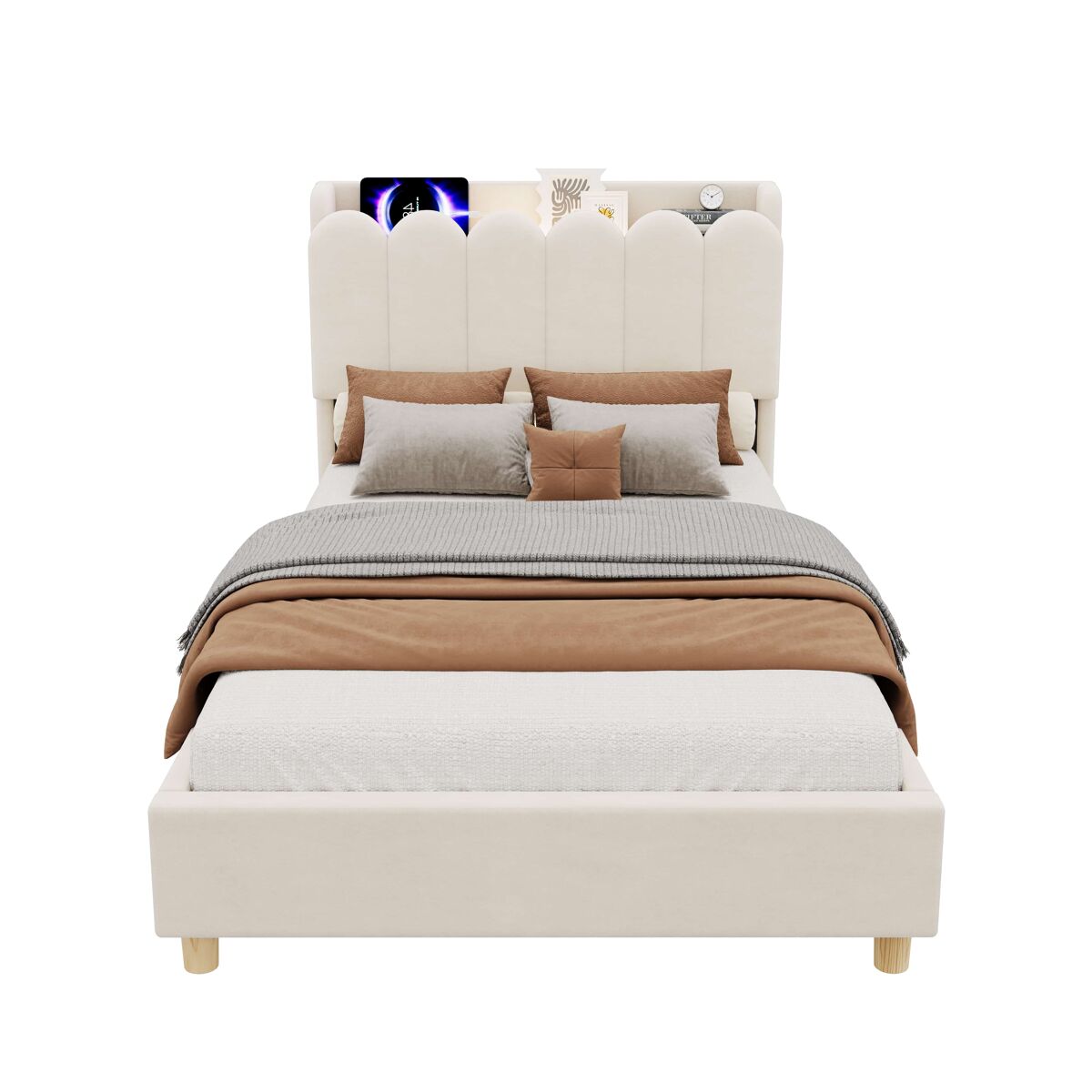 Cama individual 90x200 cm - tapizada con cabecero acolchado, somier, usb y type-c, lámpara de lectura - beige