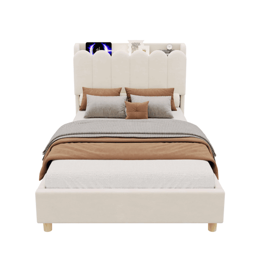 Cama individual 90x200 cm - tapizada con cabecero acolchado, somier, USB y Type-C, lámpara de lectura - beige Cama individual 90x200 cm - tapizada con cabecero acolchado, somier, USB y Type-C, lámpara de lectura - beige