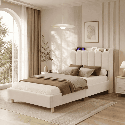 Cama individual 90x200 cm - tapizada con cabecero acolchado, somier, USB y Type-C, lámpara de lectura - beige Cama individual 90x200 cm - tapizada con cabecero acolchado, somier, USB y Type-C, lámpara de lectura - beige