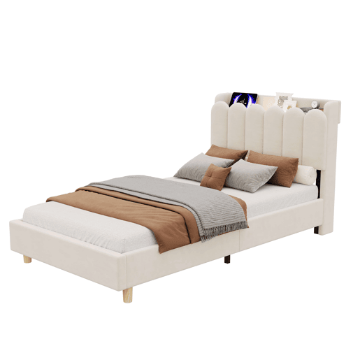 Cama individual 90x200 cm - tapizada con cabecero acolchado, somier, USB y Type-C, lámpara de lectura - beige Cama individual 90x200 cm - tapizada con cabecero acolchado, somier, USB y Type-C, lámpara de lectura - beige