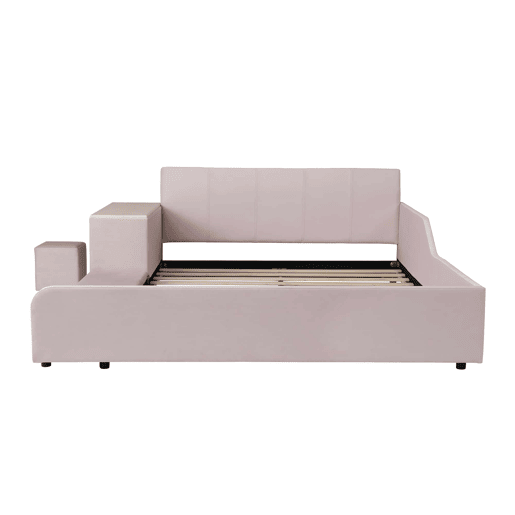 Cama infantil 140 x 200 cm u2014 cama estofada com secretária e banco, prateleira de arrumação, cabeceira macia e base de madeira u2014 rosa Cama infantil 140 x 200 cm u2014 cama estofada com secretária e banco, prateleira de arrumação, cabeceira macia e base de madeira u2014 rosa