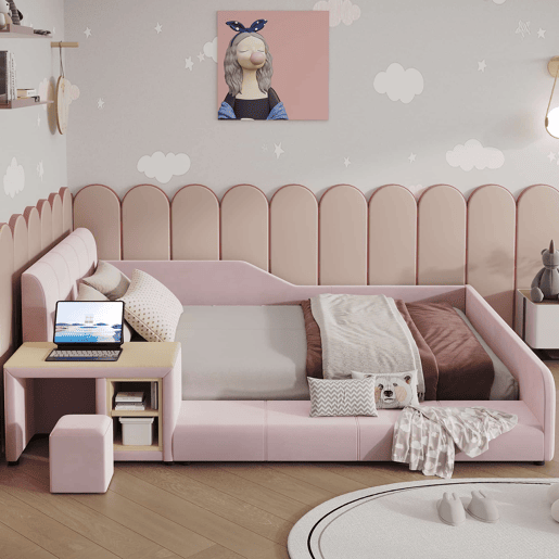 Cama infantil 140 x 200 cm u2014 cama estofada com secretária e banco, prateleira de arrumação, cabeceira macia e base de madeira u2014 rosa Cama infantil 140 x 200 cm u2014 cama estofada com secretária e banco, prateleira de arrumação, cabeceira macia e base de madeira u2014 rosa