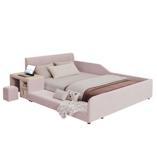 Cama infantil 140 x 200 cm u2014 cama estofada com secretária e banco, prateleira de arrumação, cabeceira macia e base de madeira u2014 rosa Cama infantil 140 x 200 cm u2014 cama estofada com secretária e banco, prateleira de arrumação, cabeceira macia e base de madeira u2014 rosa
