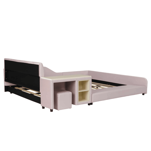 Cama infantil 140 x 200 cm u2014 cama estofada com secretária e banco, prateleira de arrumação, cabeceira macia e base de madeira u2014 rosa Cama infantil 140 x 200 cm u2014 cama estofada com secretária e banco, prateleira de arrumação, cabeceira macia e base de madeira u2014 rosa