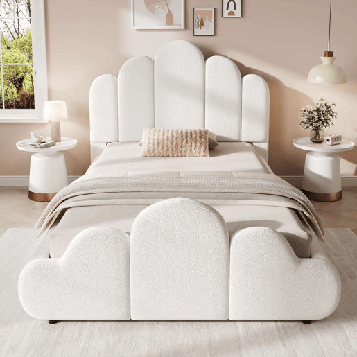 Cama individual 90x200 cm - Cabeceira estofada, cantos arredondados, estilo bouclé - Bege Cama individual 90x200 cm - Cabeceira estofada, cantos arredondados, estilo bouclé - Bege