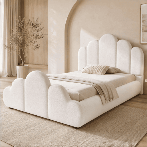 Cama individual 90x200 cm - Cabeceira estofada, cantos arredondados, estilo bouclé - Bege Cama individual 90x200 cm - Cabeceira estofada, cantos arredondados, estilo bouclé - Bege