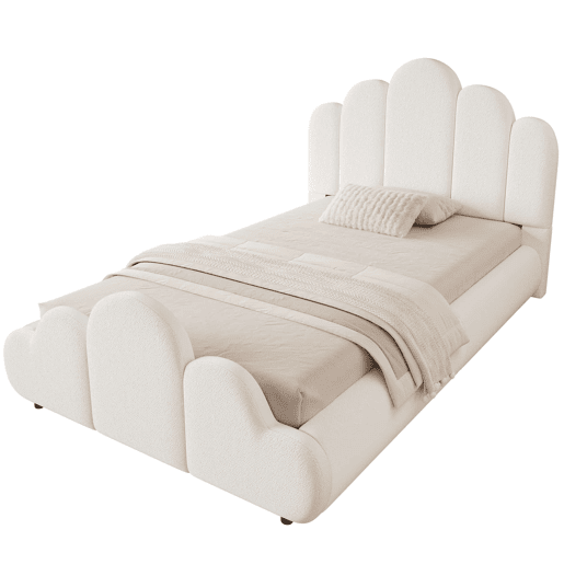 Cama individual 90x200 cm - Cabeceira estofada, cantos arredondados, estilo bouclé - Bege Cama individual 90x200 cm - Cabeceira estofada, cantos arredondados, estilo bouclé - Bege