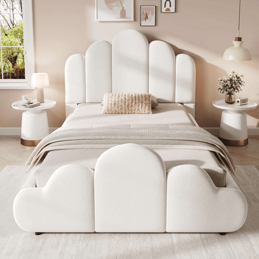 Cama infantil estofada 90x200 cm - cabeceira acolchoada, cantos arredondados, veludo - bege Cama infantil estofada 90x200 cm - cabeceira acolchoada, cantos arredondados, veludo - bege
