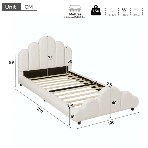 Cama infantil estofada 90x200 cm - cabeceira acolchoada, cantos arredondados, veludo - bege Cama infantil estofada 90x200 cm - cabeceira acolchoada, cantos arredondados, veludo - bege