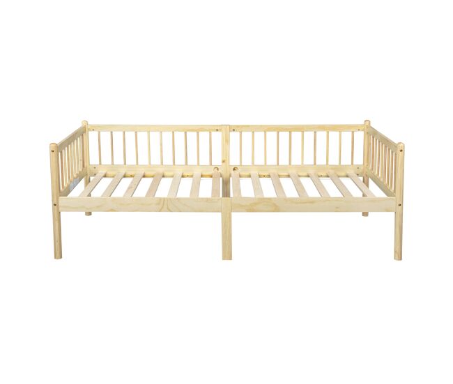 Cama nido 90x200 cm - sofá cama de madera de pino con barandillas de 3 lados y 14 listones - natural