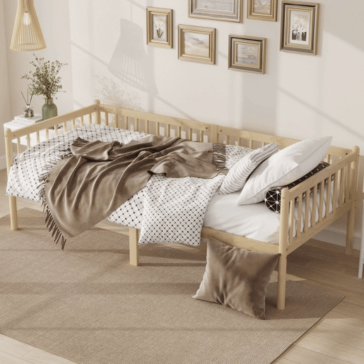 Cama-cesto 90x200 cm - Sofá-cama em madeira de pinho com grades em 3 lados e 14 ripas - Natural