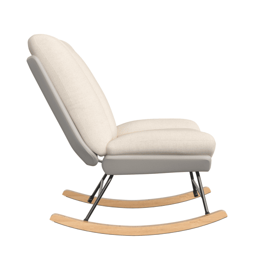 Poltrona de baloiço bicolor bege e cinzenta, com encosto ajustável em 5 posições, tecido técnico e linho, fixação em velcro e design ergonómico