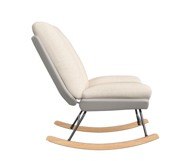 Sillón mecedora bicolor beige y gris, con respaldo ajustable en 5 posiciones, tejido técnico y lino, fijación mediante velcro y diseño ergonómico