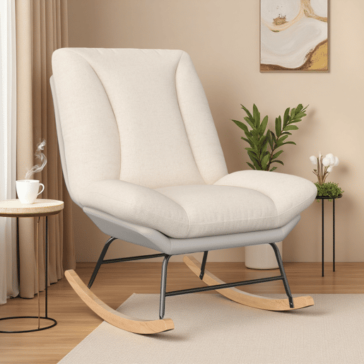 Poltrona de baloiço bicolor bege e cinzenta, com encosto ajustável em 5 posições, tecido técnico e linho, fixação em velcro e design ergonómico