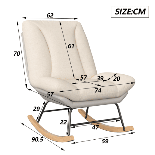 Poltrona de baloiço bicolor bege e cinzenta, com encosto ajustável em 5 posições, tecido técnico e linho, fixação em velcro e design ergonómico