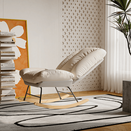 Poltrona de baloiço bicolor bege e cinzenta, com encosto ajustável em 5 posições, tecido técnico e linho, fixação em velcro e design ergonómico