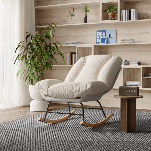 Poltrona de baloiço bicolor bege e cinzenta, com encosto ajustável em 5 posições, tecido técnico e linho, fixação em velcro e design ergonómico