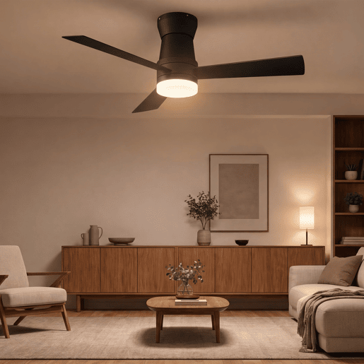 Ventilador teto preto 52 polegadas luz, 3 pás motor DC silencioso montagem baixa Ventilador teto preto 52 polegadas luz, 3 pás motor DC silencioso montagem baixa
