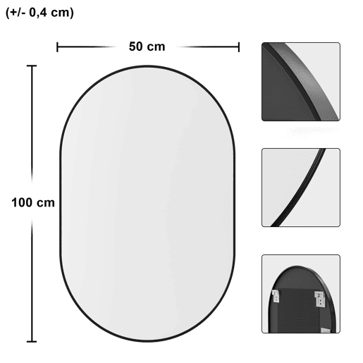 O espelho oval com moldura em alumínio é adequado para qualquer divisão, incluindo a casa de banho. Os laços de montagem permitem que o espelho seja pendurado horizontal e verticalmente.