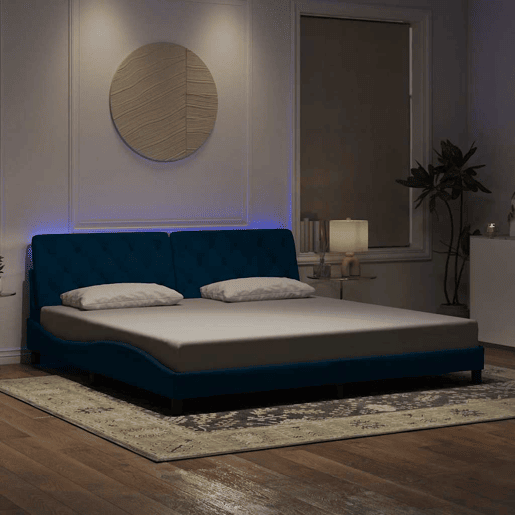 Estrutura de Cama de casal moderno com LED sem colchão 200x200 cm veludo azul Estrutura de Cama de casal moderno com LED sem colchão 200x200 cm veludo azul