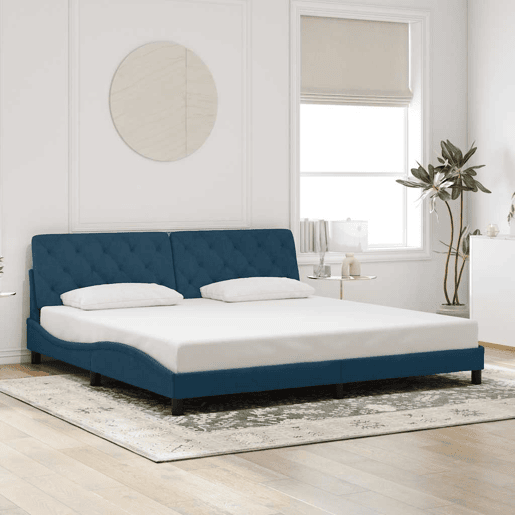 Estrutura de Cama de casal moderno com LED sem colchão 200x200 cm veludo azul Estrutura de Cama de casal moderno com LED sem colchão 200x200 cm veludo azul