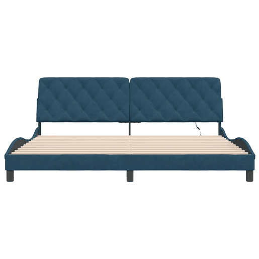 Estrutura de Cama de casal moderno com LED sem colchão 200x200 cm veludo azul Estrutura de Cama de casal moderno com LED sem colchão 200x200 cm veludo azul