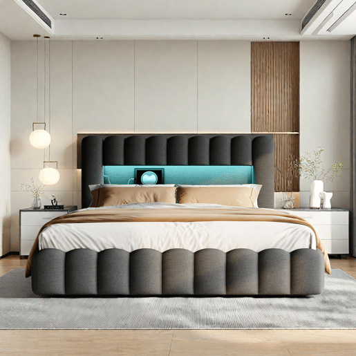 Cama estofada 140x200 cm, cama com estrado hidráulico, cama com estrado de ripas, candeeiro de leitura com porta de carregamento USB e iluminação LED, cama com baú, cama de casal, cama juvenil (cinza) Cama estofada 140x200 cm, cama com estrado hidráulico, cama com estrado de ripas, candeeiro de leitura com porta de carregamento USB e iluminação LED, cama com baú, cama de casal, cama juvenil (cinza)