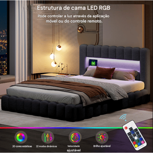 Cama estofada 140x200 cm, cama com estrado hidráulico, cama com estrado de ripas, candeeiro de leitura com porta de carregamento USB e iluminação LED, cama com baú, cama de casal, cama juvenil (cinza) Cama estofada 140x200 cm, cama com estrado hidráulico, cama com estrado de ripas, candeeiro de leitura com porta de carregamento USB e iluminação LED, cama com baú, cama de casal, cama juvenil (cinza)