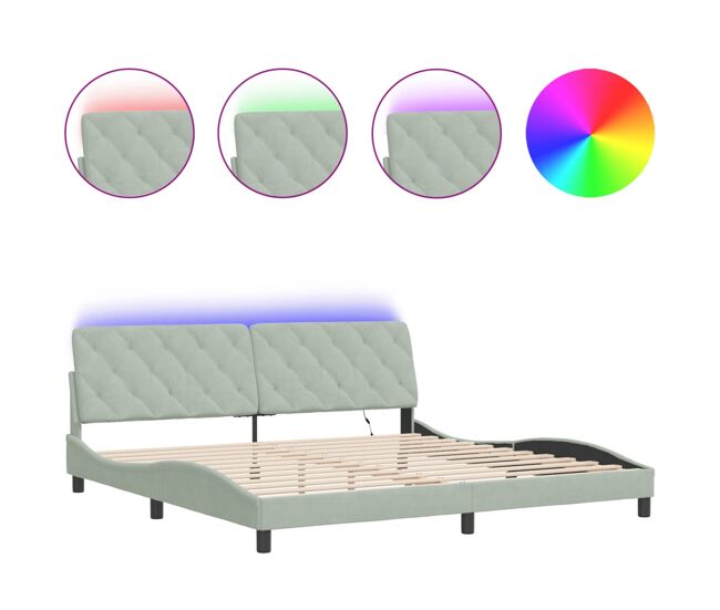 Estructura de cama doble matrimonial con led - terciopelo gris claro 200x200 cm