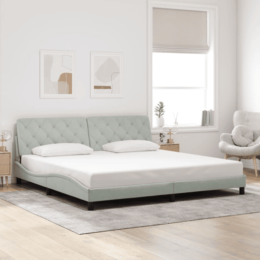 Estrutura de Cama de casal moderno com LED sem colchão 200x200 cm veludo cinzento-claro Estrutura de Cama de casal moderno com LED sem colchão 200x200 cm veludo cinzento-claro