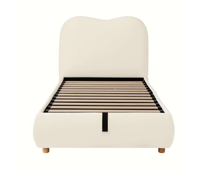Cama tapizada infantil 90x200 cm - hidráulica con somier, cabecero acolchado y gran espacio de almacenamiento - beige