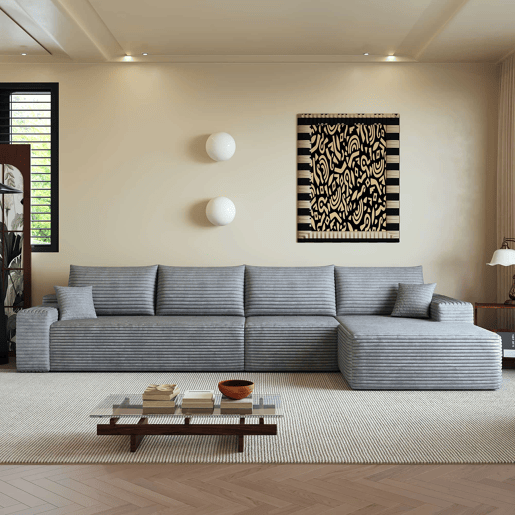 Sofá modular de canto de 340 cm - chaise longue em L, assento profundo, sofá compacto - cinzento