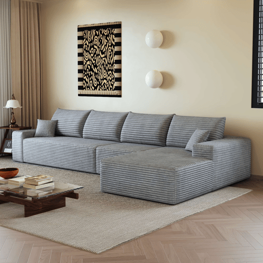 Sofá modular de canto de 340 cm - chaise longue em L, assento profundo, sofá compacto - cinzento