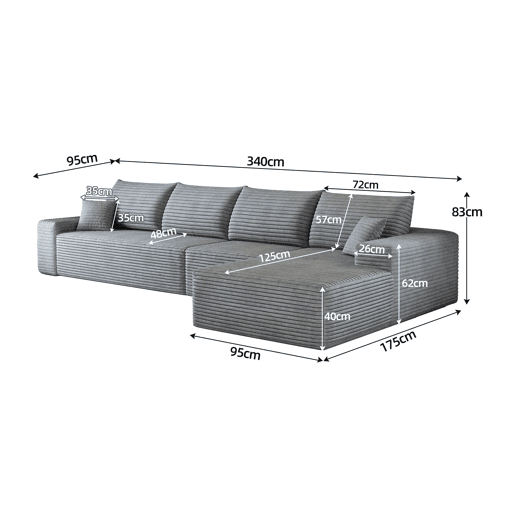 Sofá modular de canto de 340 cm - chaise longue em L, assento profundo, sofá compacto - cinzento