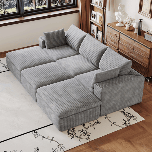 Sofá modular de 260 cm, 3 lugares u2013 design de dupla camada, estofo em veludo cotelê, almofadas com capas removíveis u2013 cinzento Sofá modular de 260 cm, 3 lugares u2013 design de dupla camada, estofo em veludo cotelê, almofadas com capas removíveis u2013 cinzento