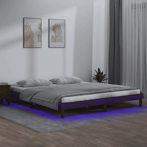 Estrutura de Cama de casal simple casal pequena +LEDs 120x190 cm madeira castanho Estrutura de Cama de casal simple casal pequena +LEDs 120x190 cm madeira castanho