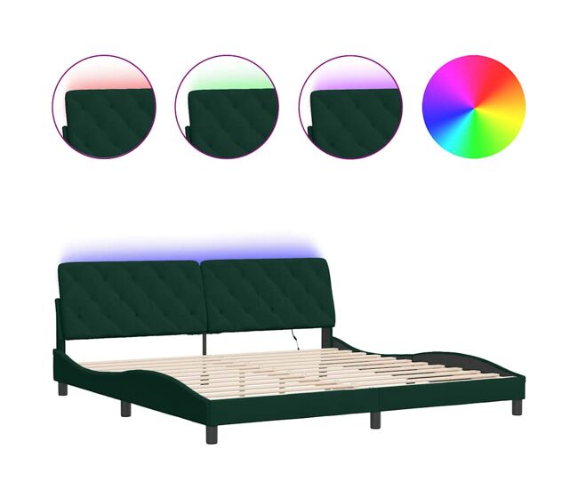 Estructura de cama doble matrimonial con led - terciopelo verde oscuro 200x200cm